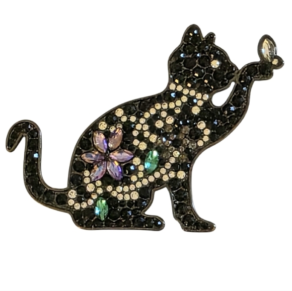 Black Cat With Butterfly Metal Rhinestone Embellished Brooch Jacket Lapel Pin - Picture 1 of 4
